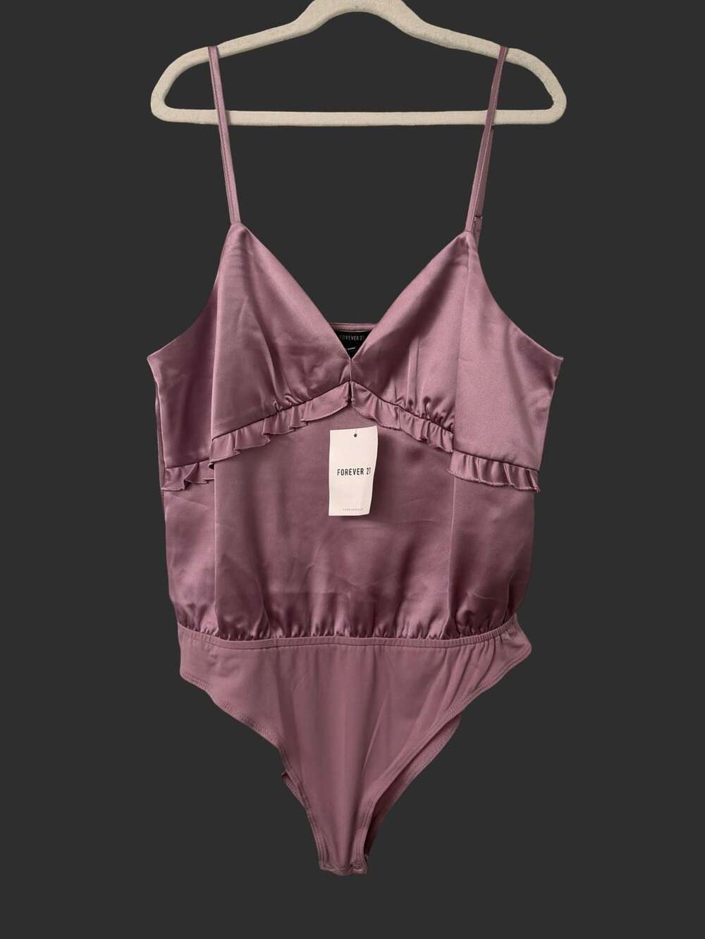 Forever 21 Satin Ruffle-Trim Bodysuit Purple Medium New With Tags